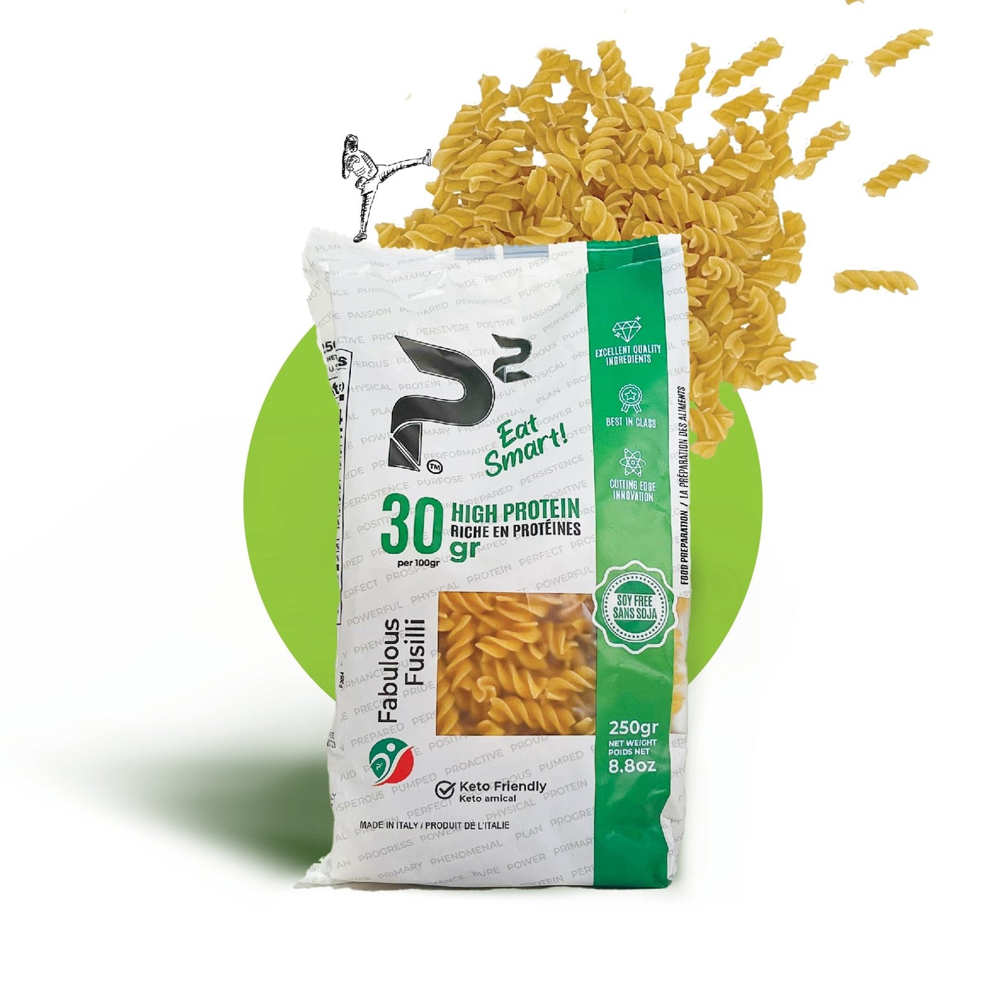 Fabulous Fusilli pasta. Low carb, high protein, fibre rich, with more balanced macros. 30g protein and 24g net carbs per 100g. No added sugar, Soy free, Lactose free, Diabetic friendly, Low glycemic index.