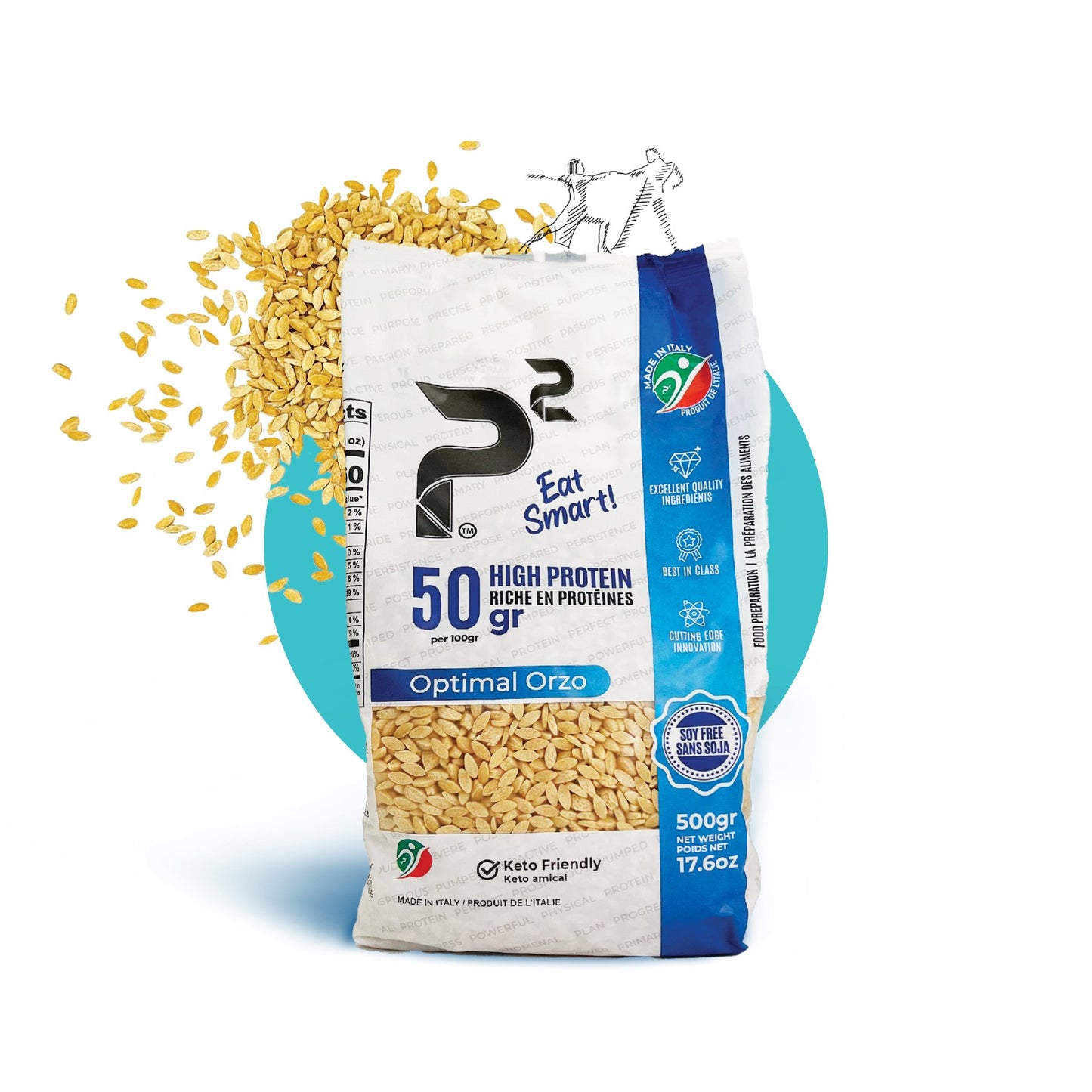 Optimal Orzo 500g High protein, fibre rich, and low carb pasta. 50g protein and 14g net carbs per 100g.