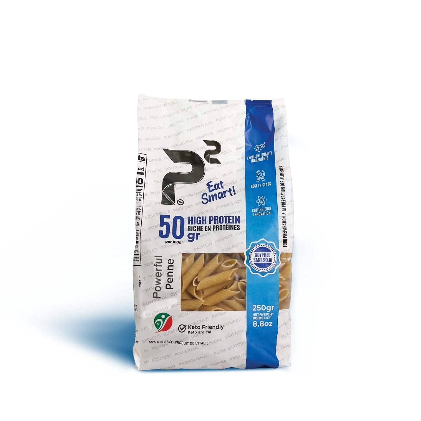 Powerful Penne pasta. High protein, fibre rich, and low carb. Italian pasta. 50g protein and 14g net carbs per 100g. No added sugar, Soy free, Diabetic friendly, Low glycemic index.