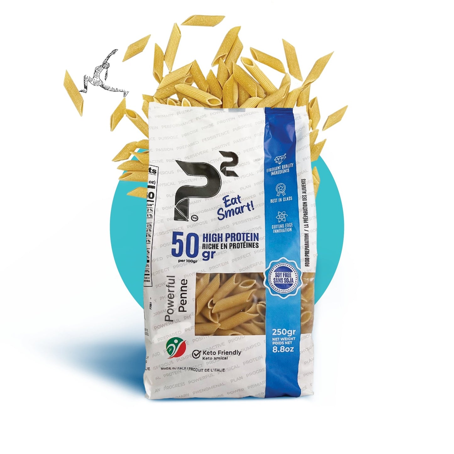 Powerful Penne pasta. High protein, fibre rich, and low carb. Italian pasta. 50g protein and 14g net carbs per 100g. No added sugar, Soy free, Diabetic friendly, Low glycemic index.