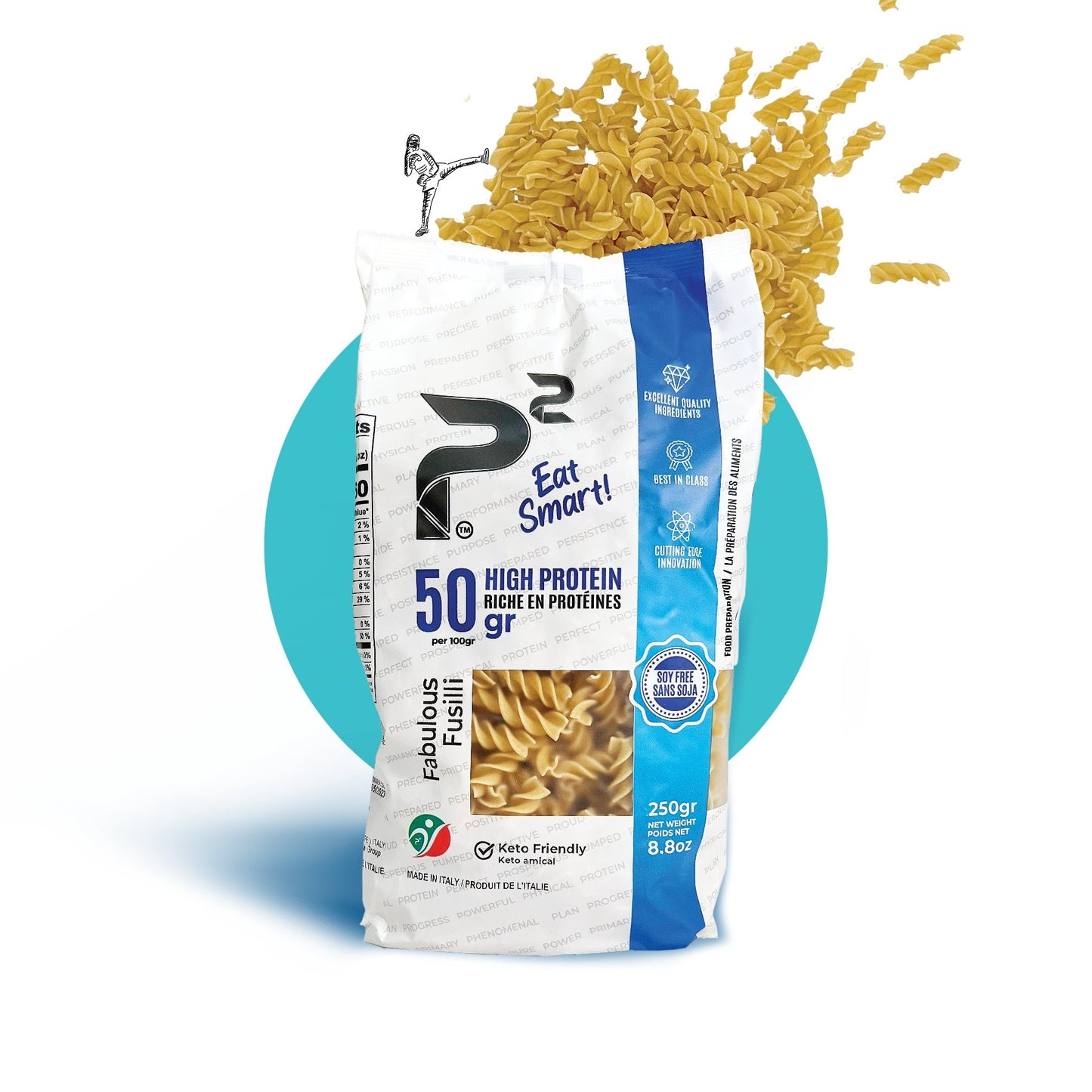 Fabulous Fusilli pasta. High protein, fibre rich, and low carb. Italian pasta. 50g protein and 14g net carbs per 100g. No added sugar, Soy free, Diabetic friendly, Low glycemic index.