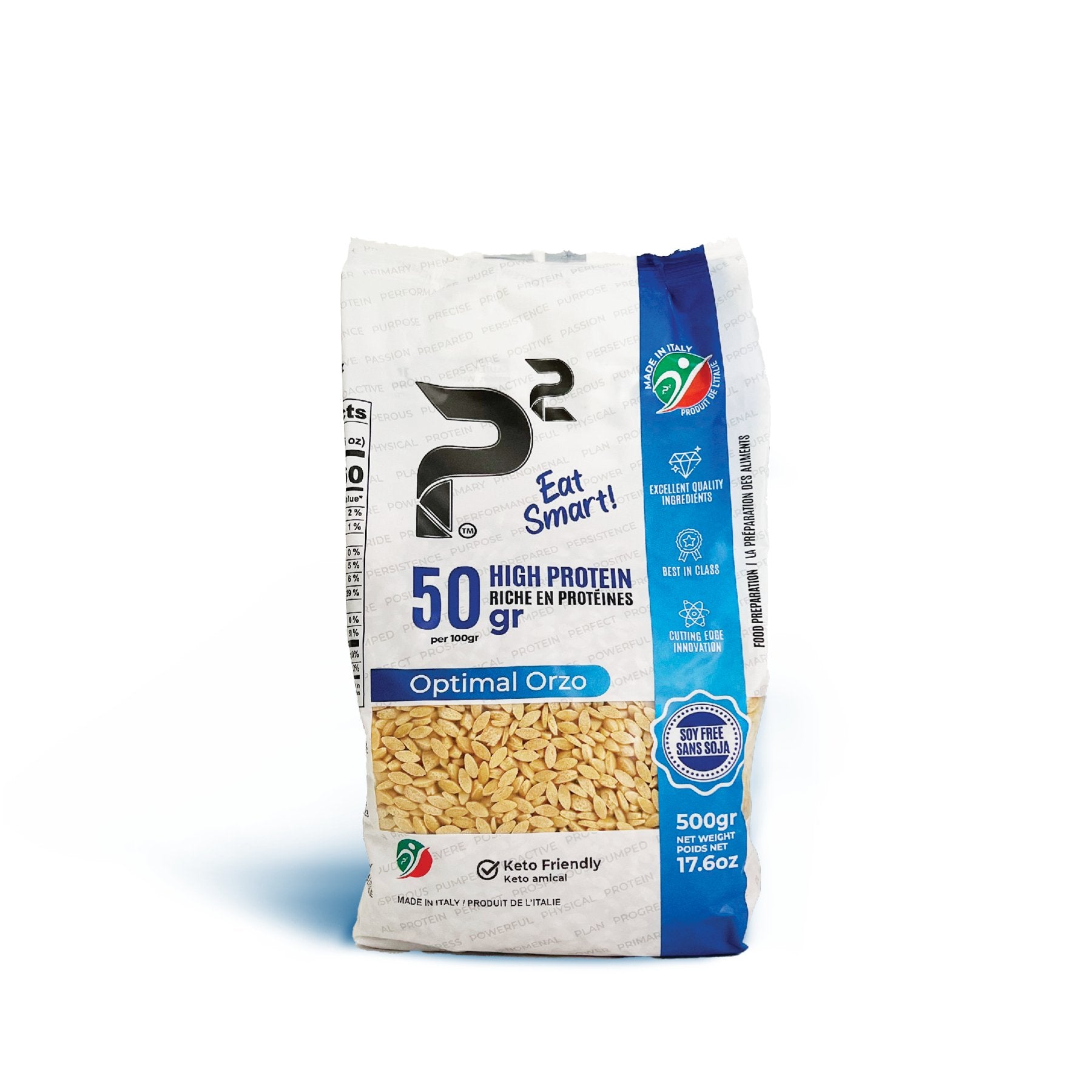 Optimal Orzo 500g High protein, fibre rich, and low carb pasta. 50g protein and 14g net carbs per 100g.